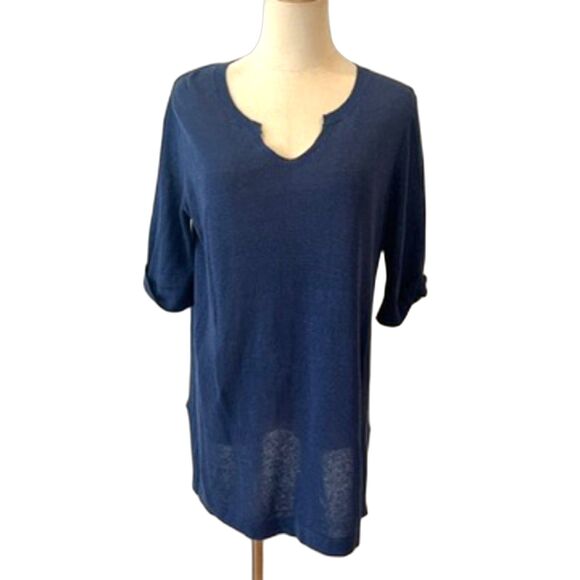 J.Jill Linen Blend Navy Blue Tunic Pullover Knit Cuffed Sleeve Small Petite - Picture 2 of 9